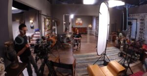 Setting up for an interview behind the scenes on a film-set