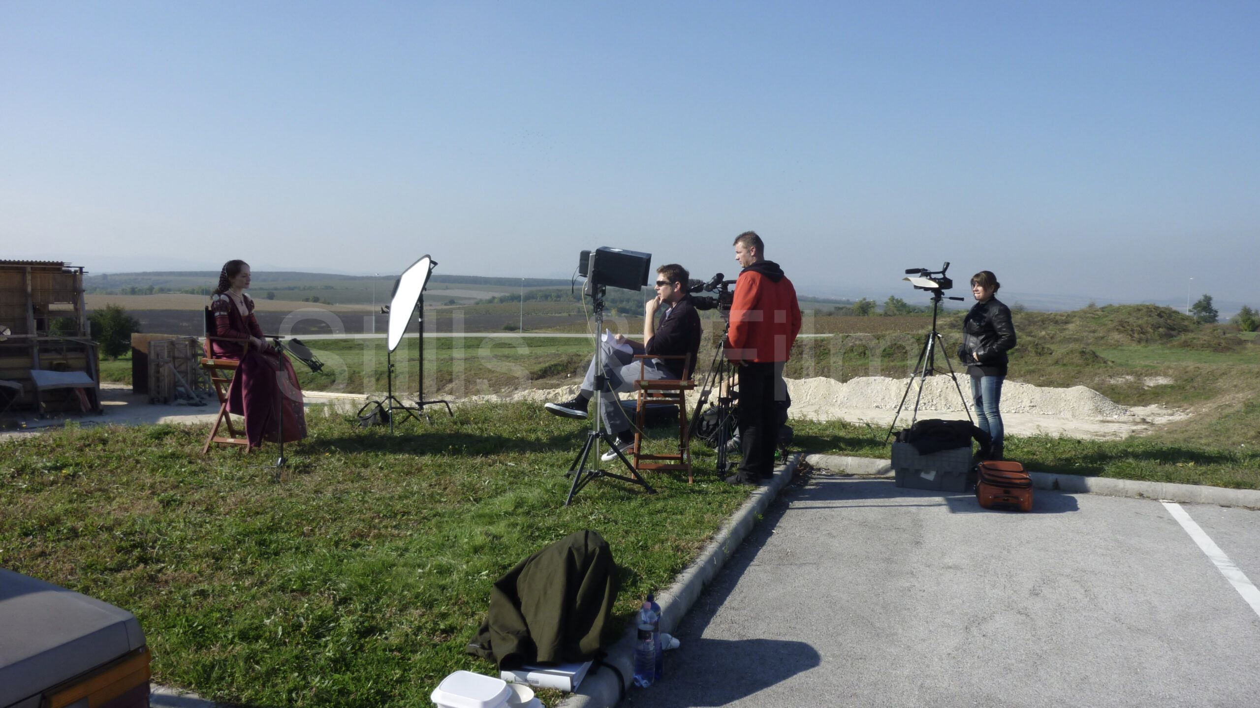Video production team filming behind the scenes at Korda Studios, Hungary.